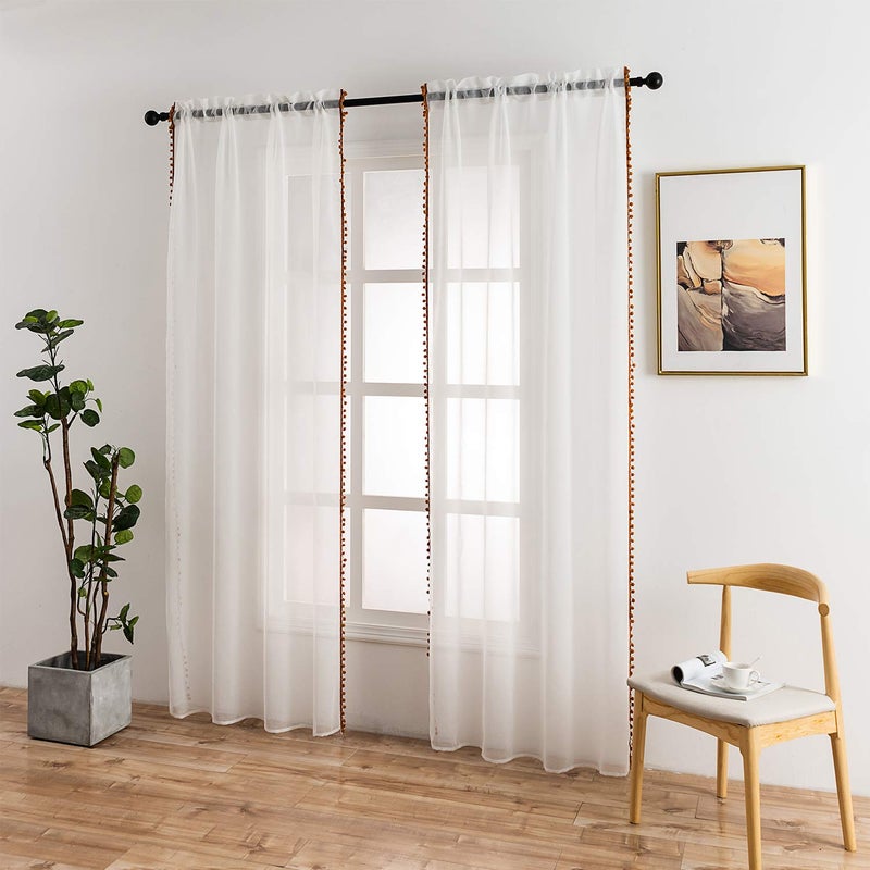 MISS SELECTEX Linen Look Pom Pom Tasseled Sheer Curtains - Rod Pocket Voile Semi-Sheer Curtains for Living and Bedroom, Set of 2 Curtain Panels (52 x 95 inch, White Sheer & Pumpkin Yellow Pom Poms) - Image 2
